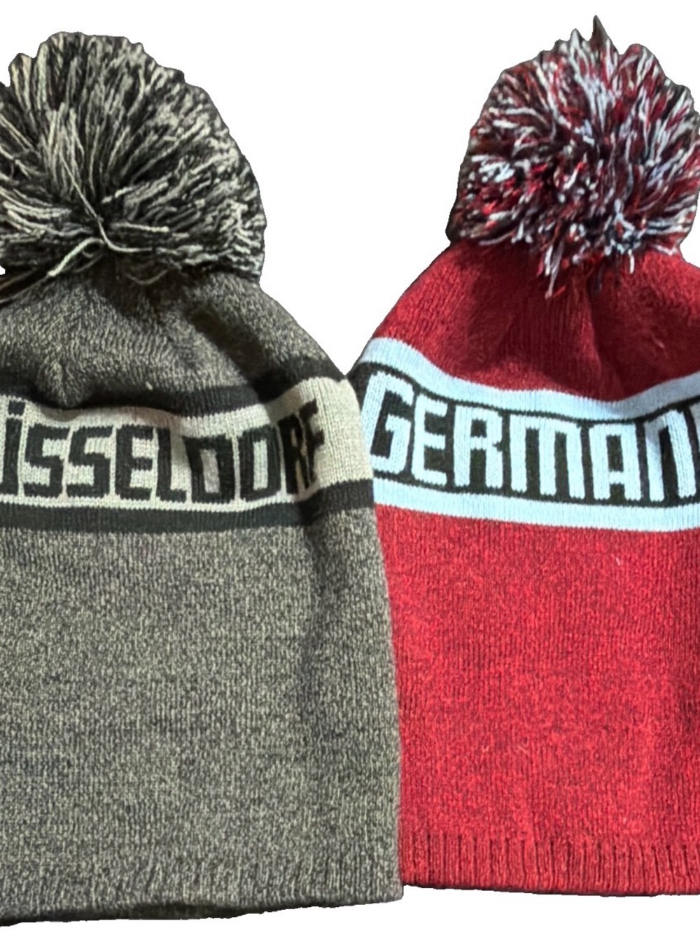 Pom Beanie Hat - Gray and Red with the word Germany inscribed Unisex